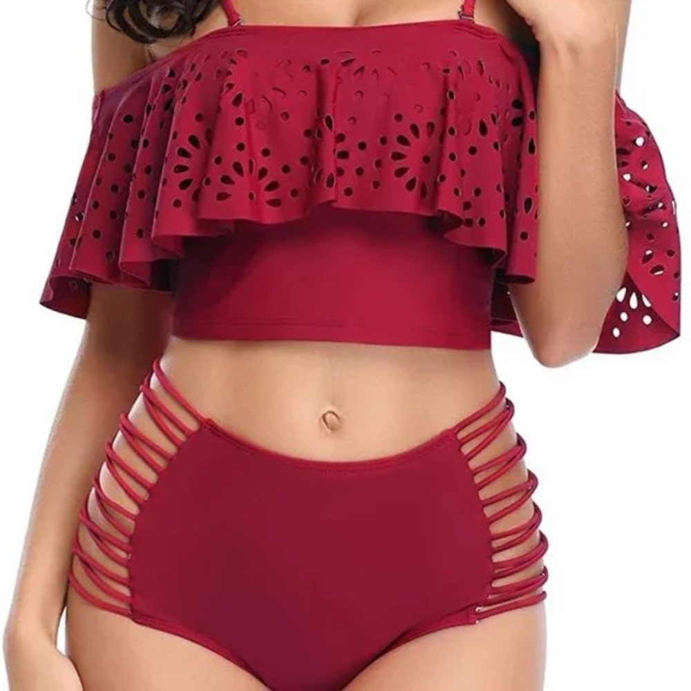 Women's Burgundy/ref off shoulder  high waisted two piece swim suit.